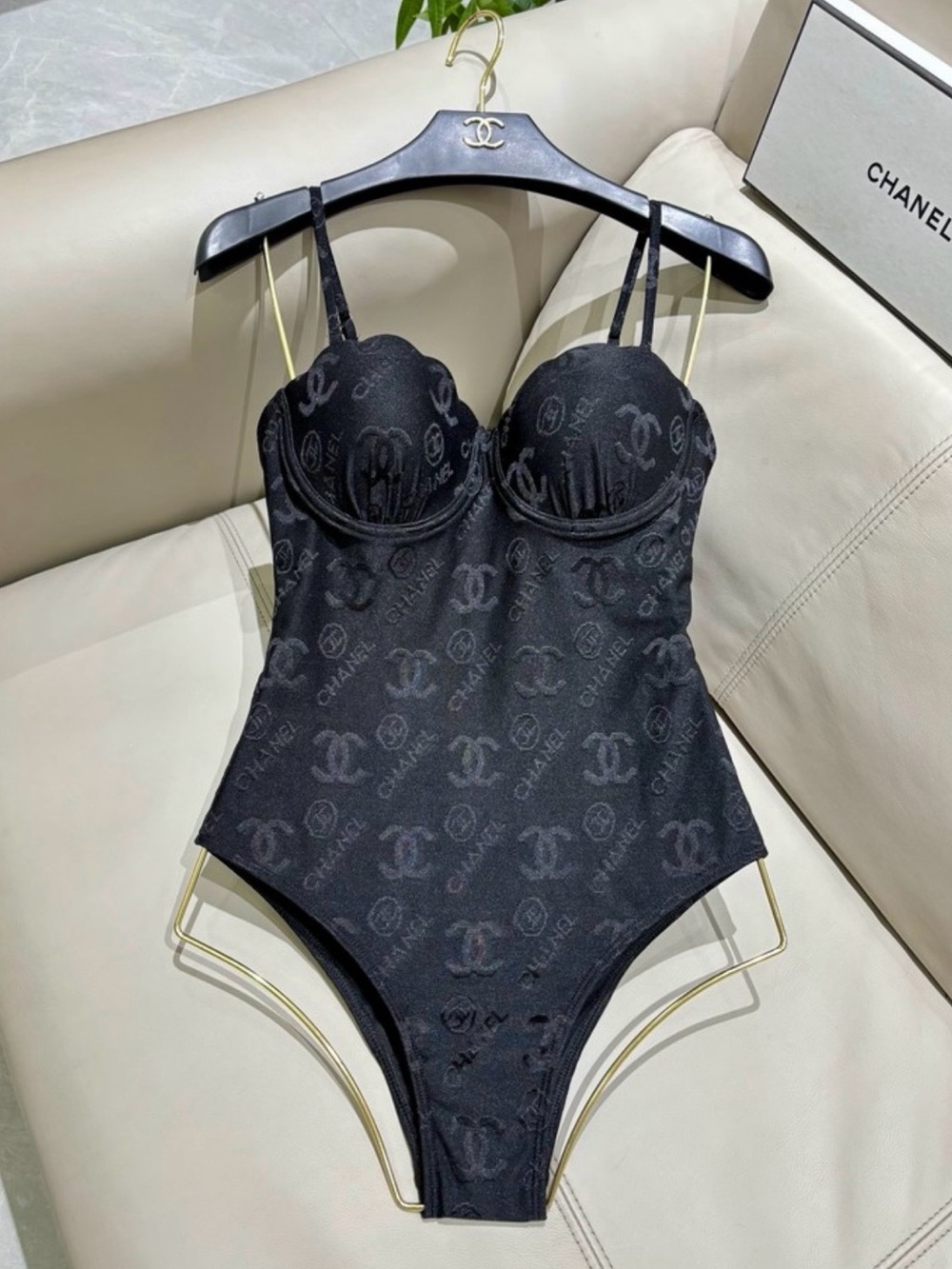 CHANEL Black Logo-Embossed Strapless swimsuit